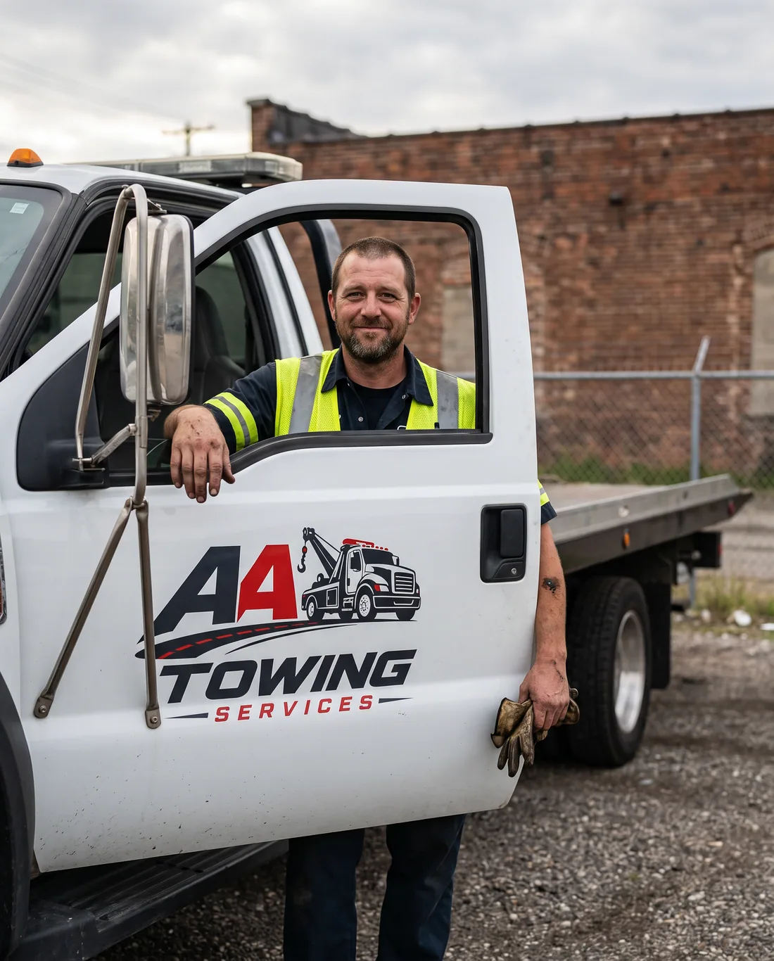 An AA Towing Services operator in a hi-vis vest beside the company flatbed truck in Metro Detroit