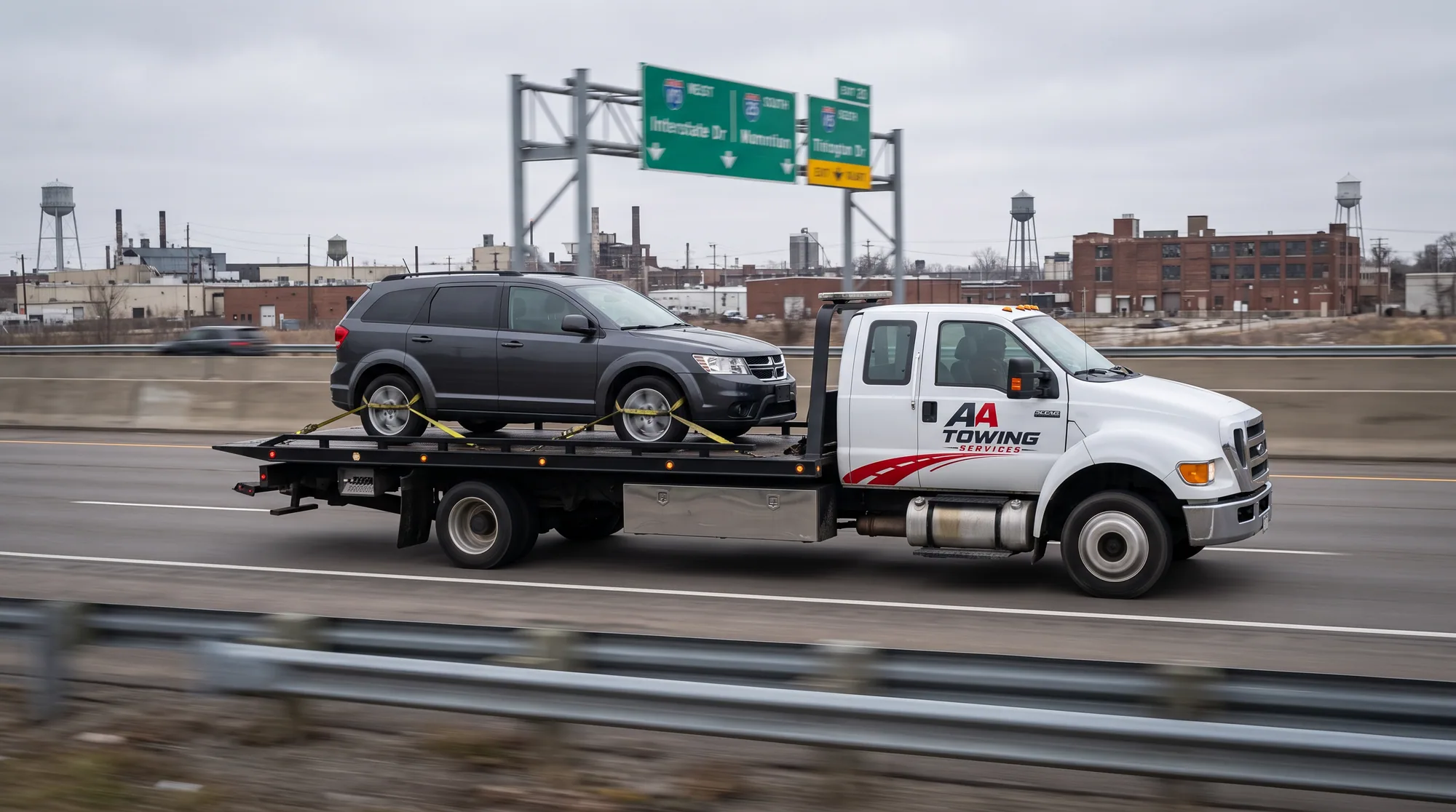 An AA Towing Services flatbed carrying a car on a Metro Detroit freeway